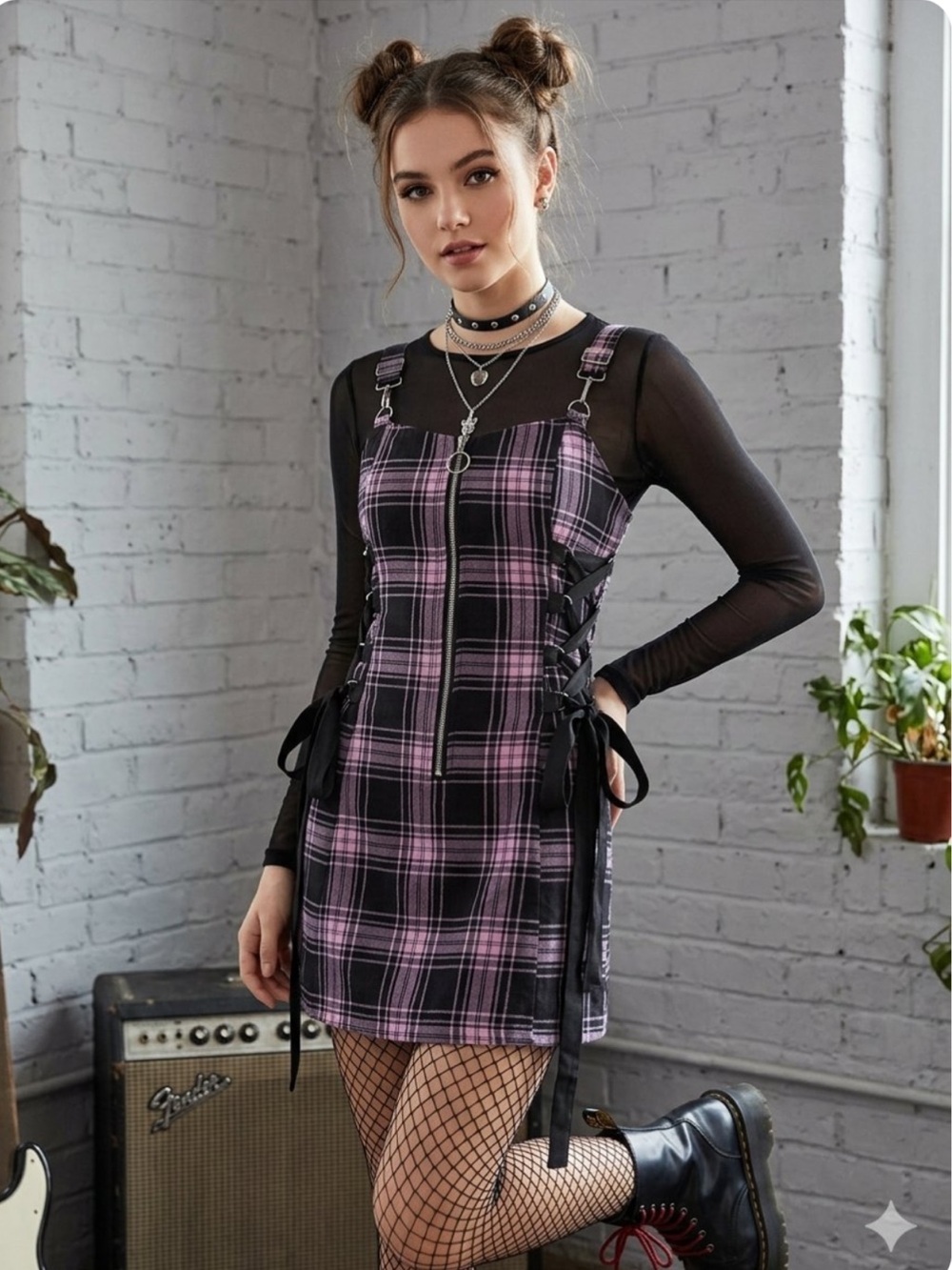 Pink & Black Plaid Lace-Up Mini Dress